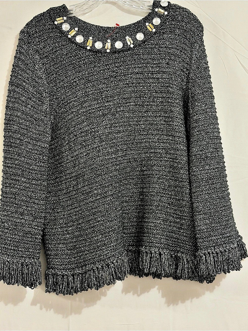 Ruby Rd. Metallic Fringe Crewneck Sweater in Black & Silver Size XL